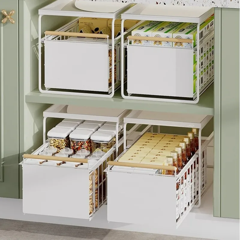 

Sliding Drawer Storage Rack Kitchen Under Sink Storage Organizer Shelf Seasoning Bottle Cereal Nut Box Plastic Wrap Storage Rack