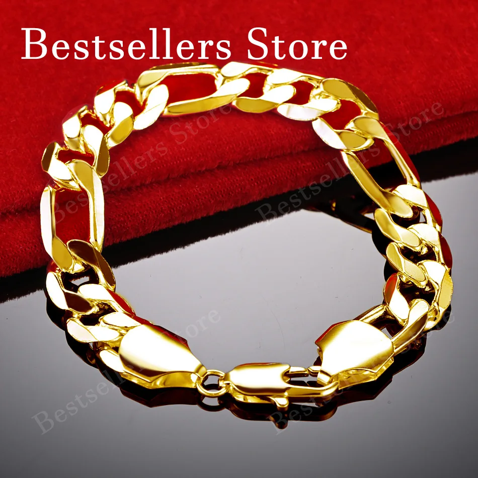 925 Sterling Silver 18K Gold Plated 12MM Classic Cuban Chain Bracelet Fashion Men Women Wedding Jewelry Party Gift