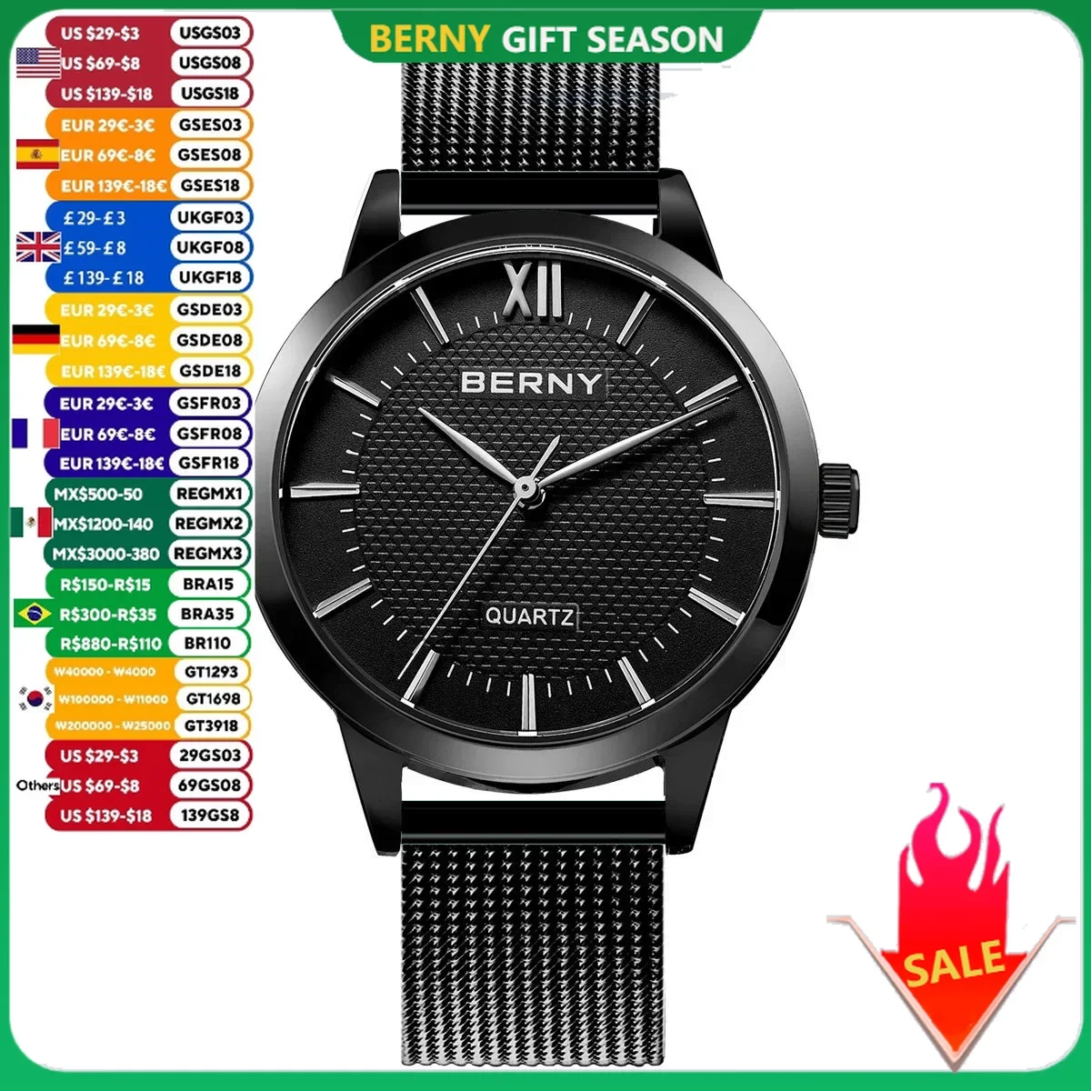 BERNY Watches for Men Ultra-thin Casual Fashion Quartz Wristwatches Stainless Steel Men\'s Watch Classic Minimalist Waterproof