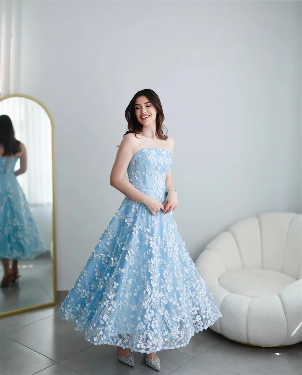 Prom Dress Formal Dearin Strapless A-line Ankle Length Skirts Draped Tulle Sleeveless Applique Bespoke Occasion Dresses Saudi Ar