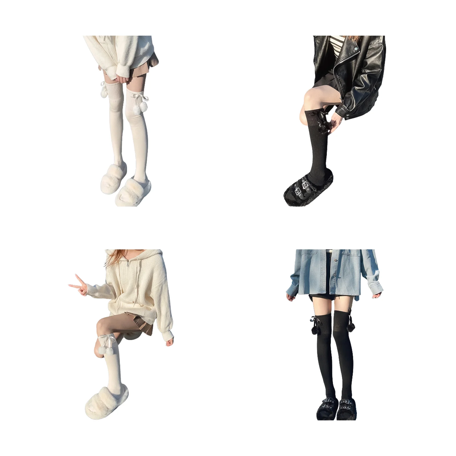 Milk beige high socks + black calf socks + milk beige calf socks + black high socks combo pack 4 pairs