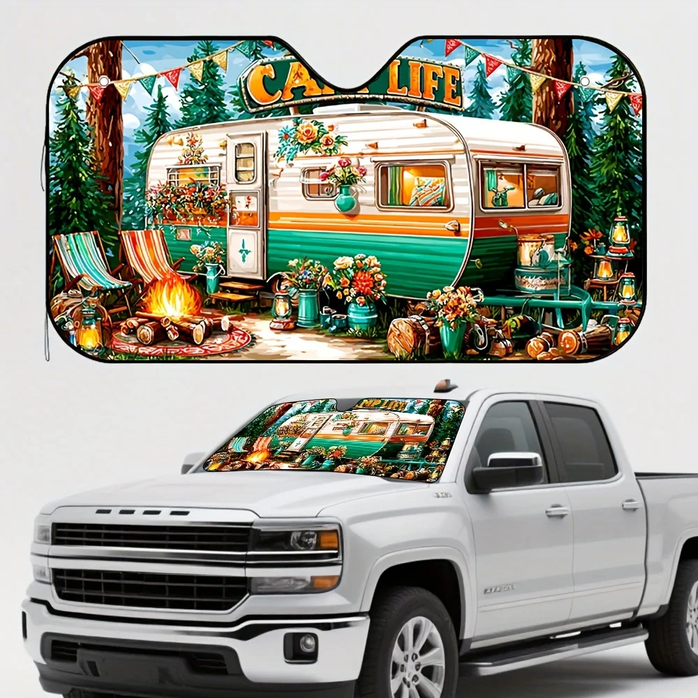 1pc 2D Flat Cozy Caravan Camping Design Car Sunshade – Foldable & Easy To Install, Keeps Your Car Cool, Includes 4 Suction Cups,
