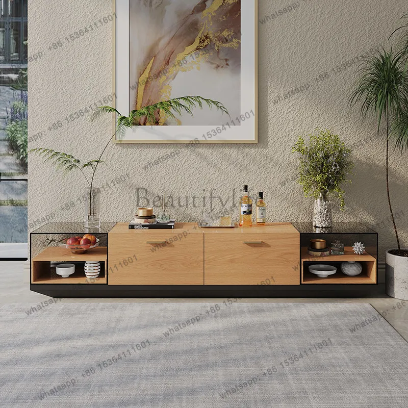 

Italian simple glass TV cabinet, small living room, floor-to-ceiling audio-visual cabinet