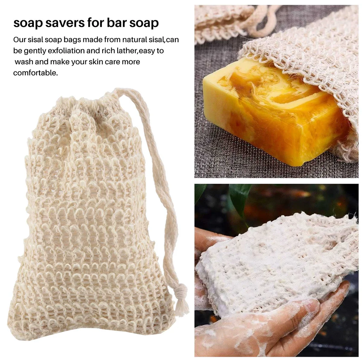 AAAF50Pcs Shower Bath Sisal Soap Bag Natural Sisal Soap Bag Exfoliating Soap Saver Pouch Holder