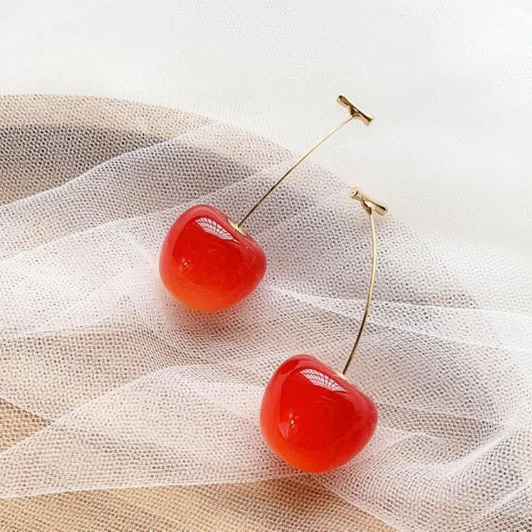 Metal Resin Cherry Fruit Dangle Earrings for Women New Simple Trend Design Jewelry Party Accessories