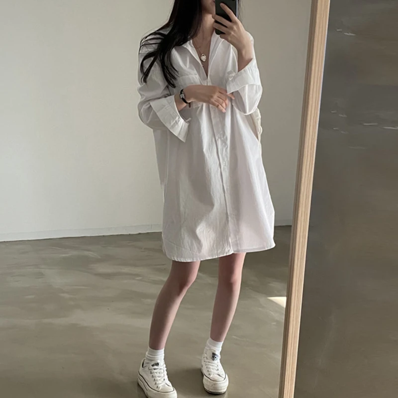 Chic décontracté Simple col longue Sve ample femmes irt Dr ort jupe printemps Faion coréen Sle Polyester Fiber