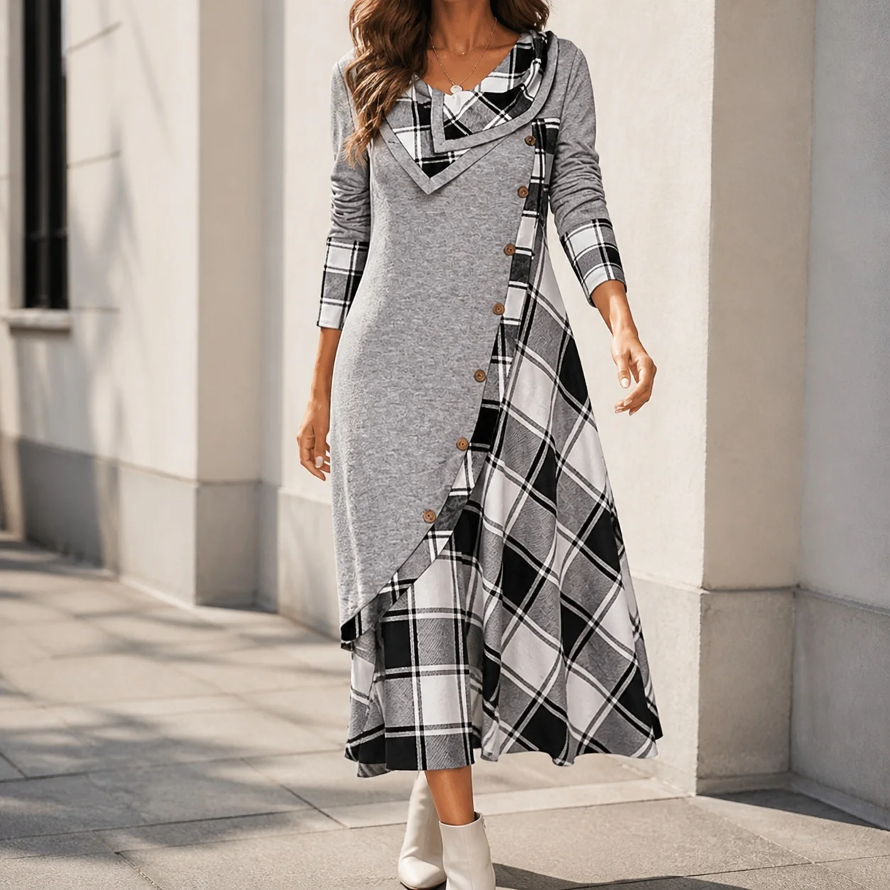 Long Sleeve Printed Dress Pencil Skirt Silhouette Elegant and Refined with Winter Daily Pullover Style Dresses for Women