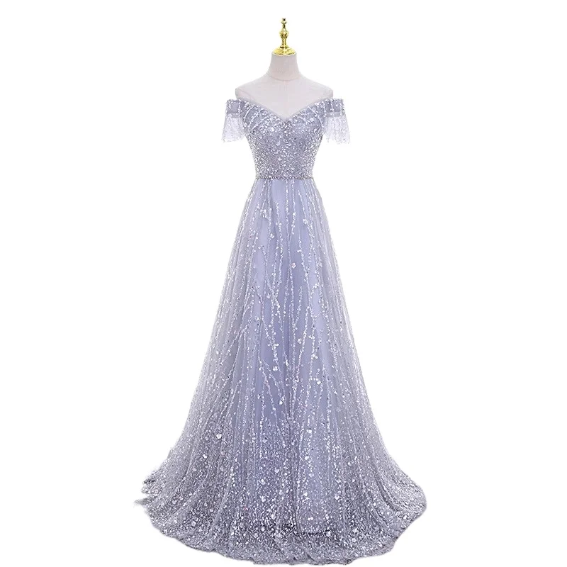 New Elegant Wedding Dress with Fairy Temperament, Deep V-neck Dress, Long Waist Collection, Socialite Party Evening Dress