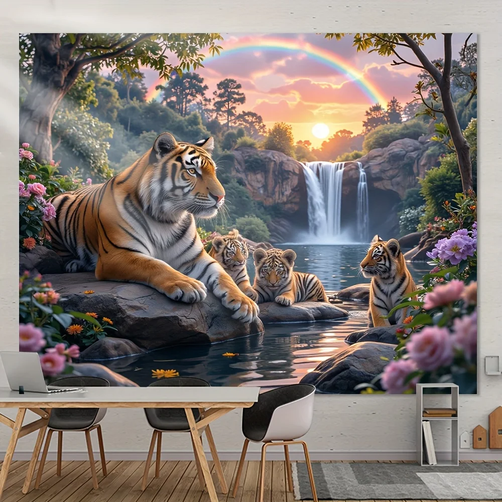 VIKAMA Tiger Family Waterfall Sunset Tapestry Natural Landscape Carpet Tropical Forest Rainbow Flowers Living Room Decoration