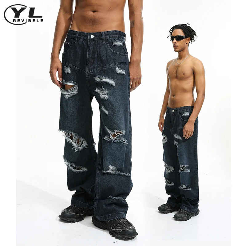 

Vintage Baggy Hole Jeans Man High Street Hip Hop Wash Wide Leg Denim Pants Male Tassels Harajuku Casual Straight Cowboy Trousers