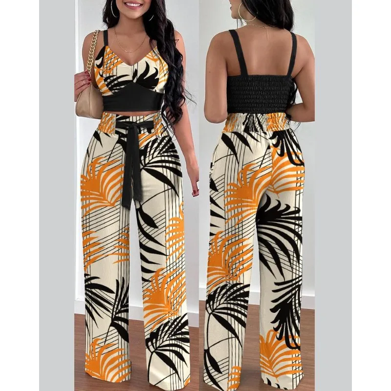 Spring Summer New Slim Printing Suit Women Sexy Sleeveless Spaghetti Strap V-neck Short Vest Top High Waist Straight Pants Suit