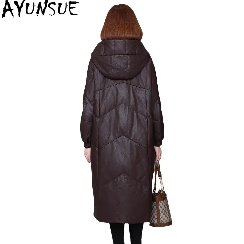 AYUNSUE Giacca in vera pelle di pecora Donna 2025 Abiti invernali Medio-lungo Piumino d'oca bianca Cappotto da donna con cappuccio Jaqueta De Couro