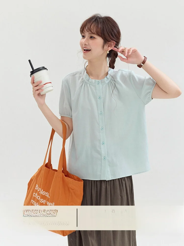 AMUU Original Short round Neck Ruffle Sleeveless Women's Shirt Korean Style Breathable Comfortable Lenzing Fabric Summer New