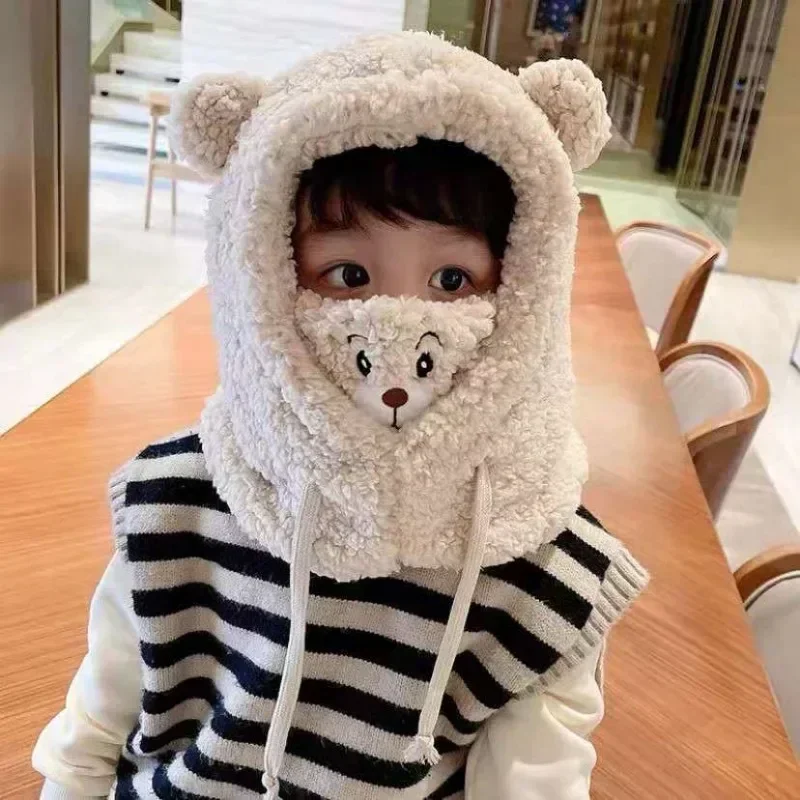 Plush Hat Autumn Winter Cute Children Cartoon Scarf Masked Hood Cap Double Fleece Warmth Boy Girl Adult Parent-child Baby Hat