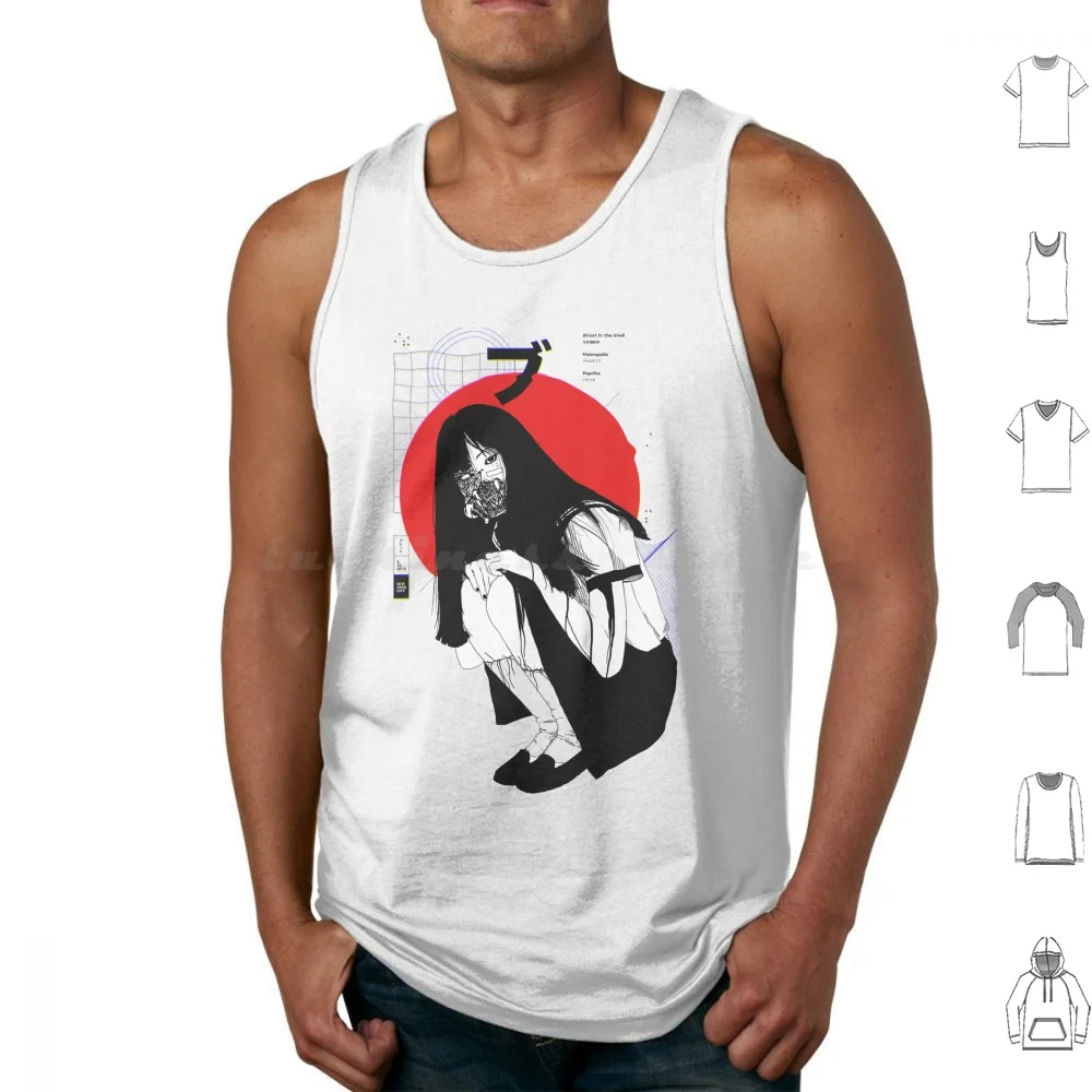 Vaporwave Cyborg Japanese Girl Red Sun Tank Tops Print Cotton Cyborg Girl Glitch Vaporwave Japanese Hipster Future