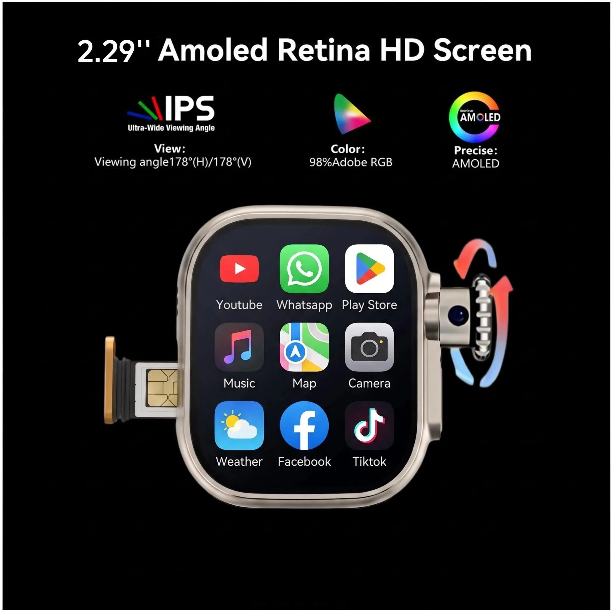 S12 Ultra MAX Android 12.0 Smartwatch 2.29inch AMOLED 5G Full Netcom Smart Watch With 190° Rotary Camera WiFi GPS Sim Card Slot