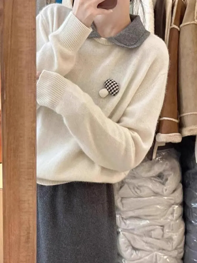 سترة Laid-ba الكورية Sle للتخسيس طويلة Sve بياقة الدمية سترة محبوكة قابلة للتنقل كاجوال متعددة الاستخدامات للتنقل العلوي والرياح