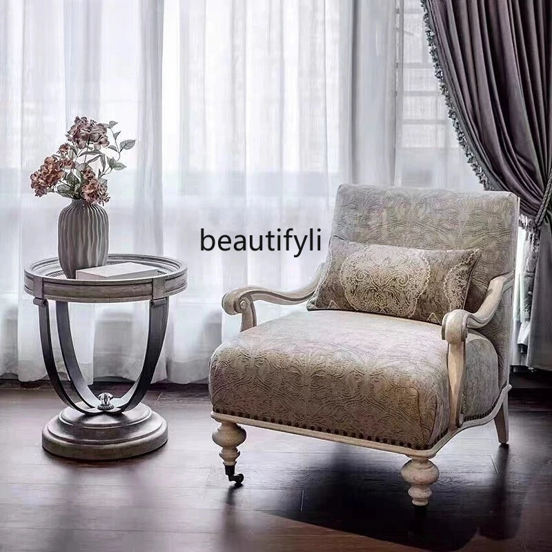 American Renaissance Leisure Sofa Solid Wood Carving Original Fabric Single Leisure Wingback Chair