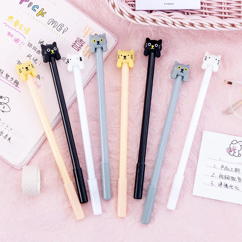 12/24/60 Pcs Wholesale Korean Creative Stationery Ins Cute Black Neutral Pen Small Cat Cartoon Pen Student Gift Wholesale