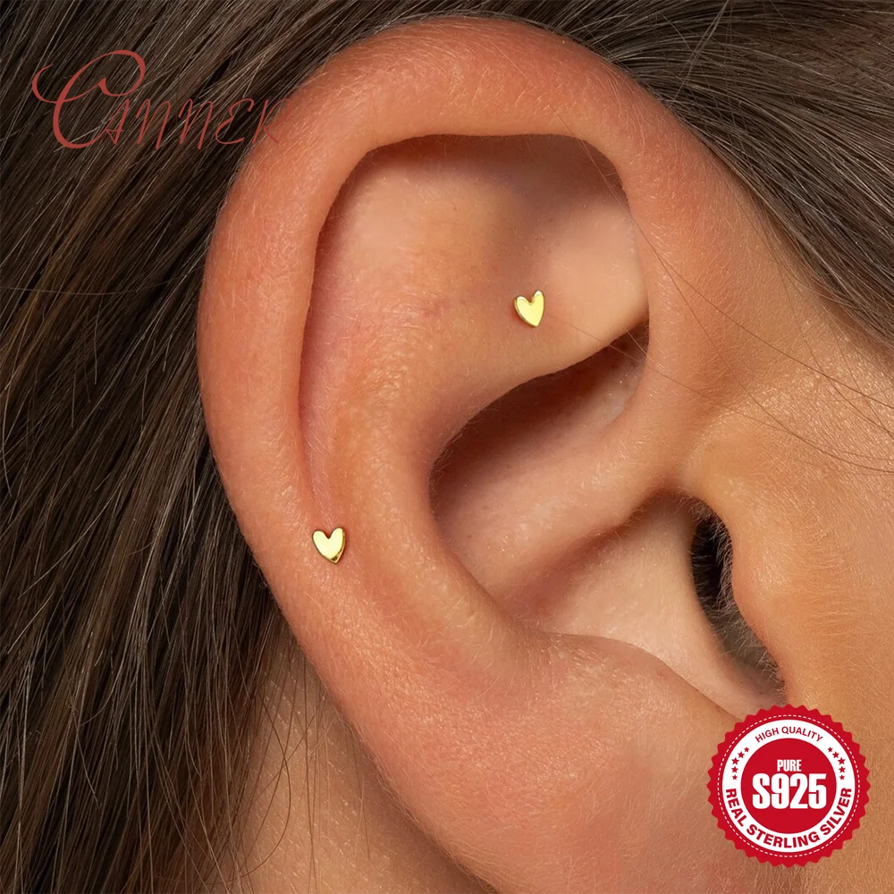CANNER Pendientes de Plata de Ley 925 con Forma de Corazón Brillante para Mujer, Mini Pendientes Elegantes y Delicados con Cabeza Plana, Regalos para Fiestas de Cumpleaños