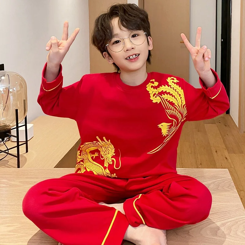 Spring Autumn Children Pajama Set Cute Cartoon Loose Comfortable Red Long Sleeves Trousers Children\'s Lounge wear