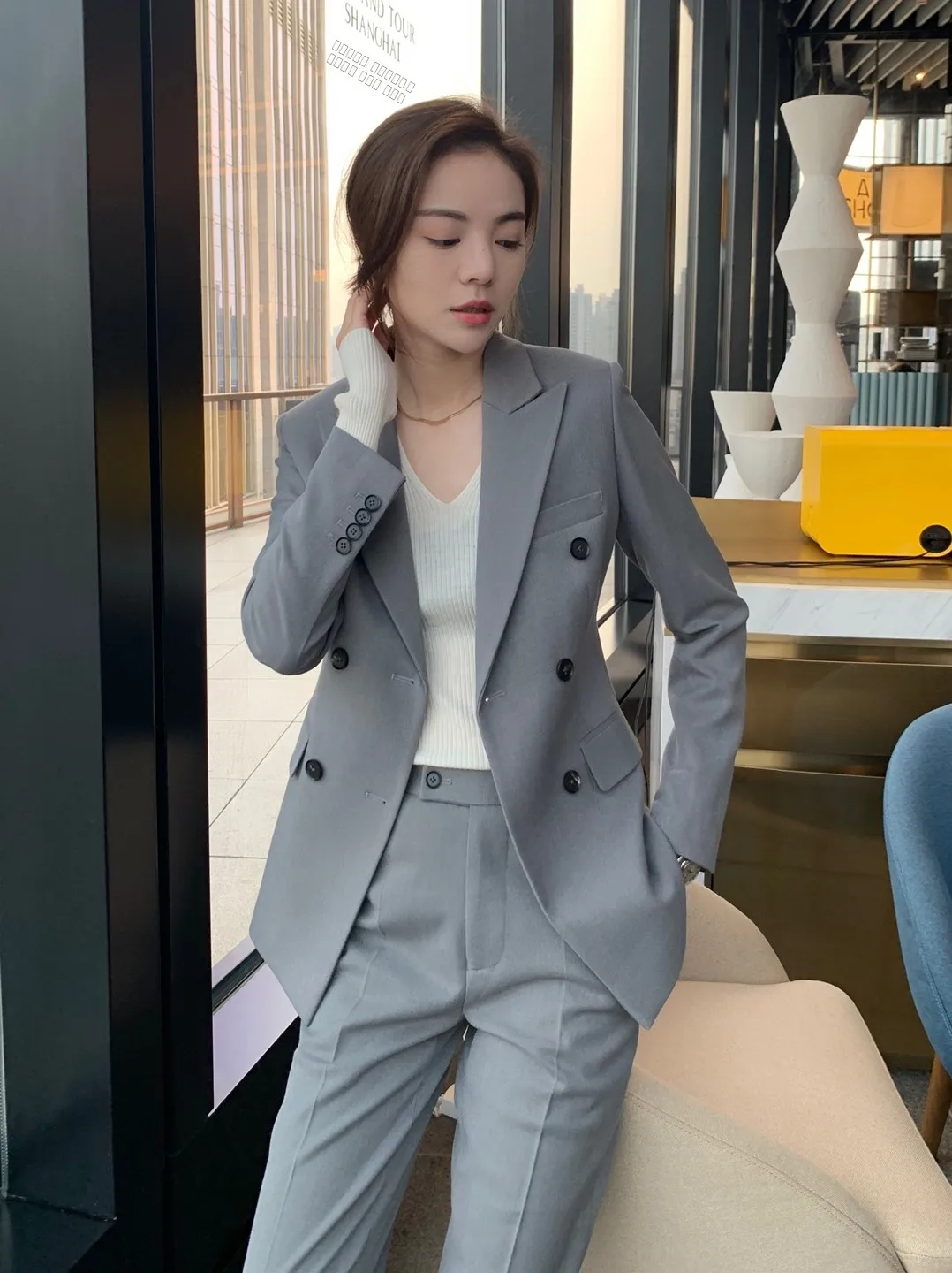 

Осенне-зимний женский деловой костюм-тройка Slim Fit: повседневный, модный, из полиэфирного волокна, с длинным пальто