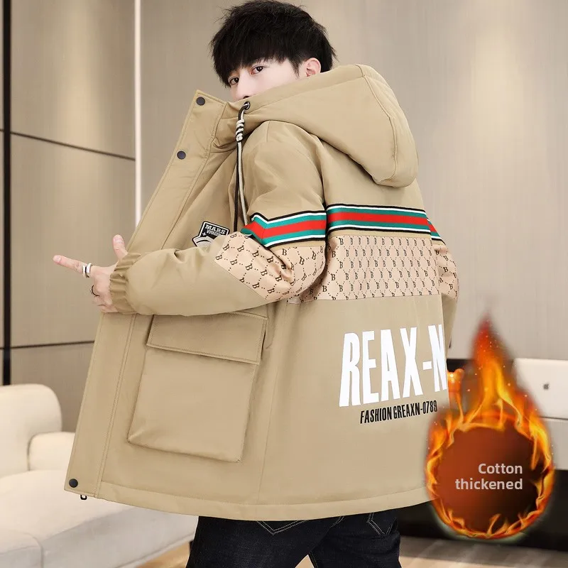 

Зимняя утепленная хлопковая куртка для мужчин, средней длины, с капюшоном, молодежная, модная, повседневная, теплая, из полиэфирного волокна