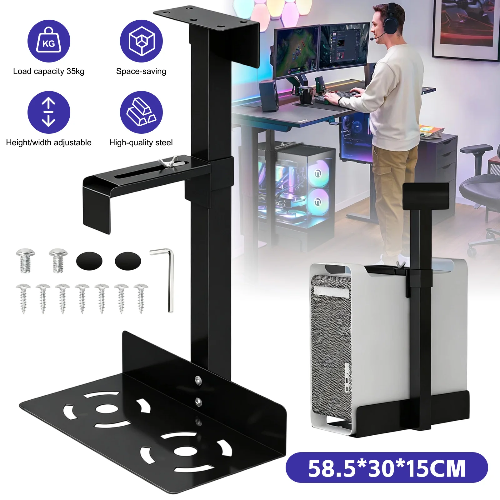 Soporte para CPU debajo del escritorio de acero al carbono de alta resistencia, soporta hasta 35 kg, con rotación de 360° °   Rotación libre con ancho y altura ajustables, mantiene la torre del ordenador alejada del suelo para ahorrar espacio y mejorar la disipación del calor para la configuración de escritorio en el hogar y la oficina.