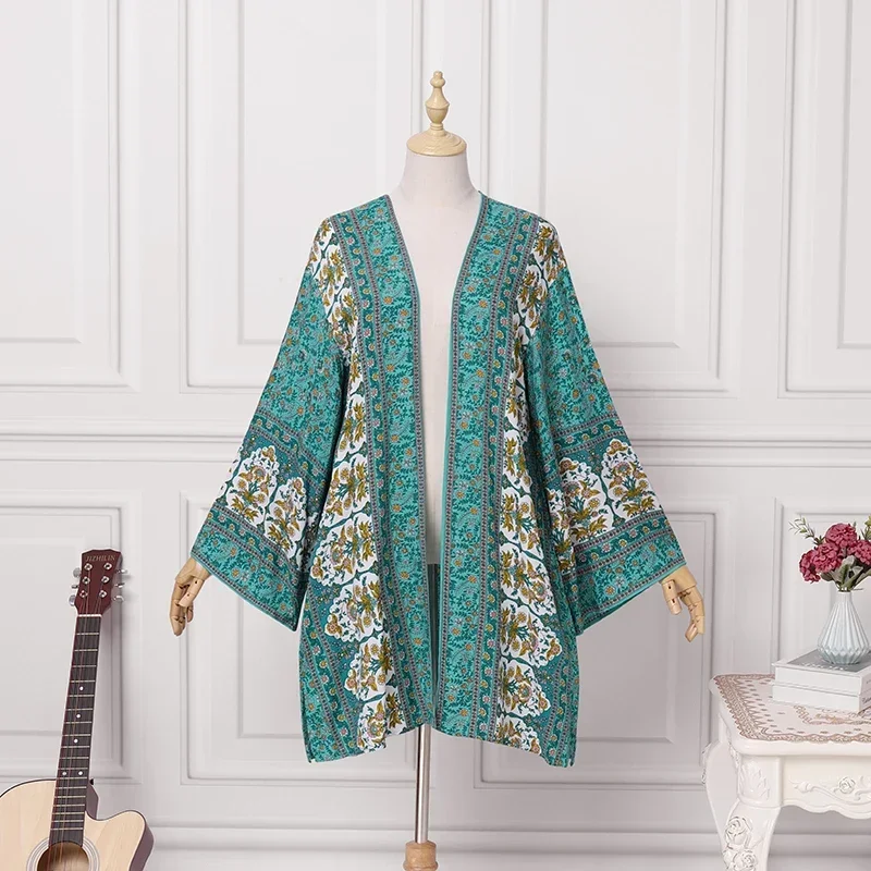 Böhmische Langarm Frauen Strickjacke Sommer offene Front Blumen bedruckte Bluse Kimono weibliche lässige lose Strand oberteile plus Größe