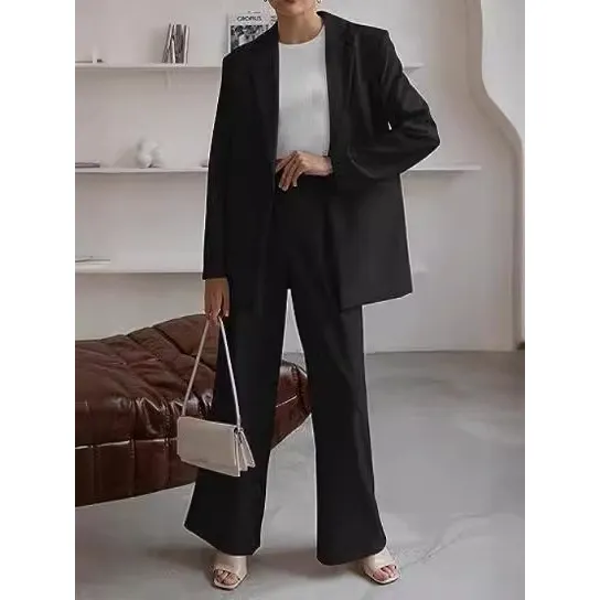 

Faionable Two-Piece Suit Set for Women Spring Autumn Profional Ele Versatile Long Sve round Ne Mid-Length Coat