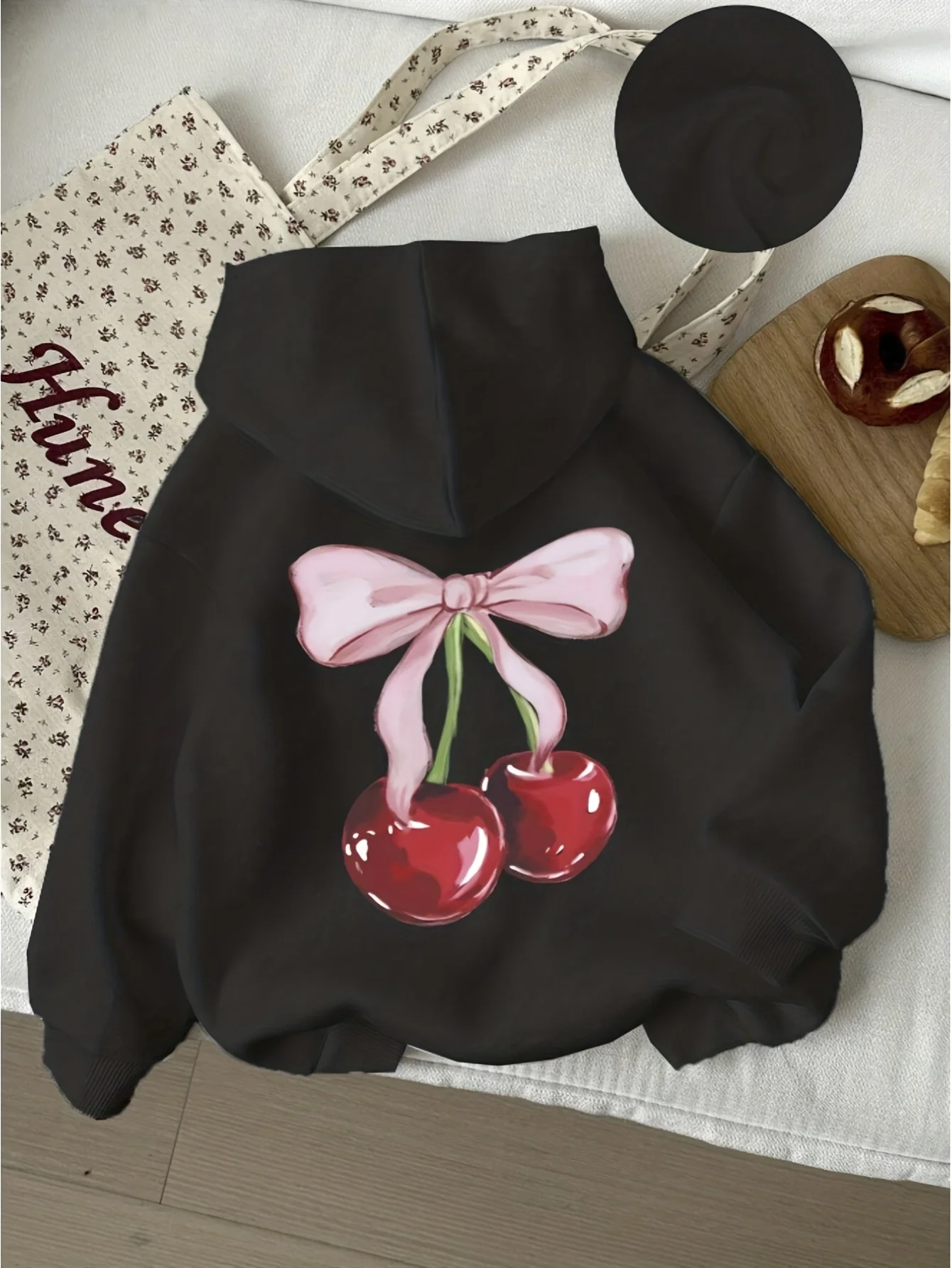 Men'S Cozy Cherry Print Hooded Sweater Hooded Sweatshirt |   Black with Pink Bow & Red Cherry Design, Slim-Fit All-Season Pullover, Machine Washable, Drawstring Hood & Pockets, Casual Sporty Style, Soft Fabric, Comfortable for Autumn and Winter
