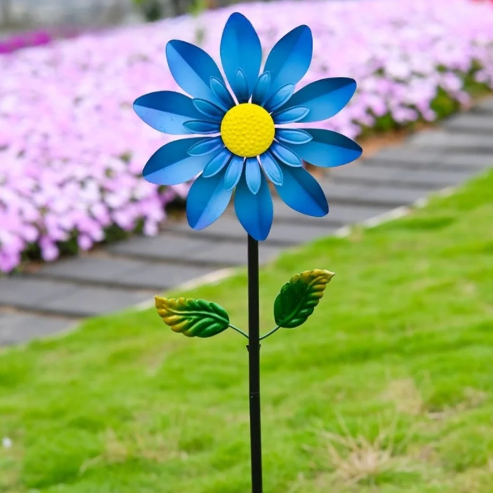 Iron Windmill Garden Decor with Chrysanthemum Design for Outdoor Yard Patio Rotating Metal Flower Spinner 114x27.5cm