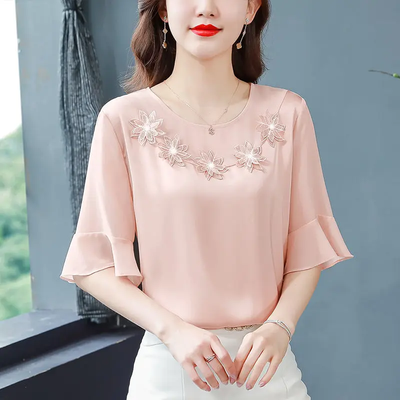 Summer New Chiffon Loose All-match Shirt Tops Round Neck Flare Sleeve Solid Color Blouse Elegant Fashion Women Clothing