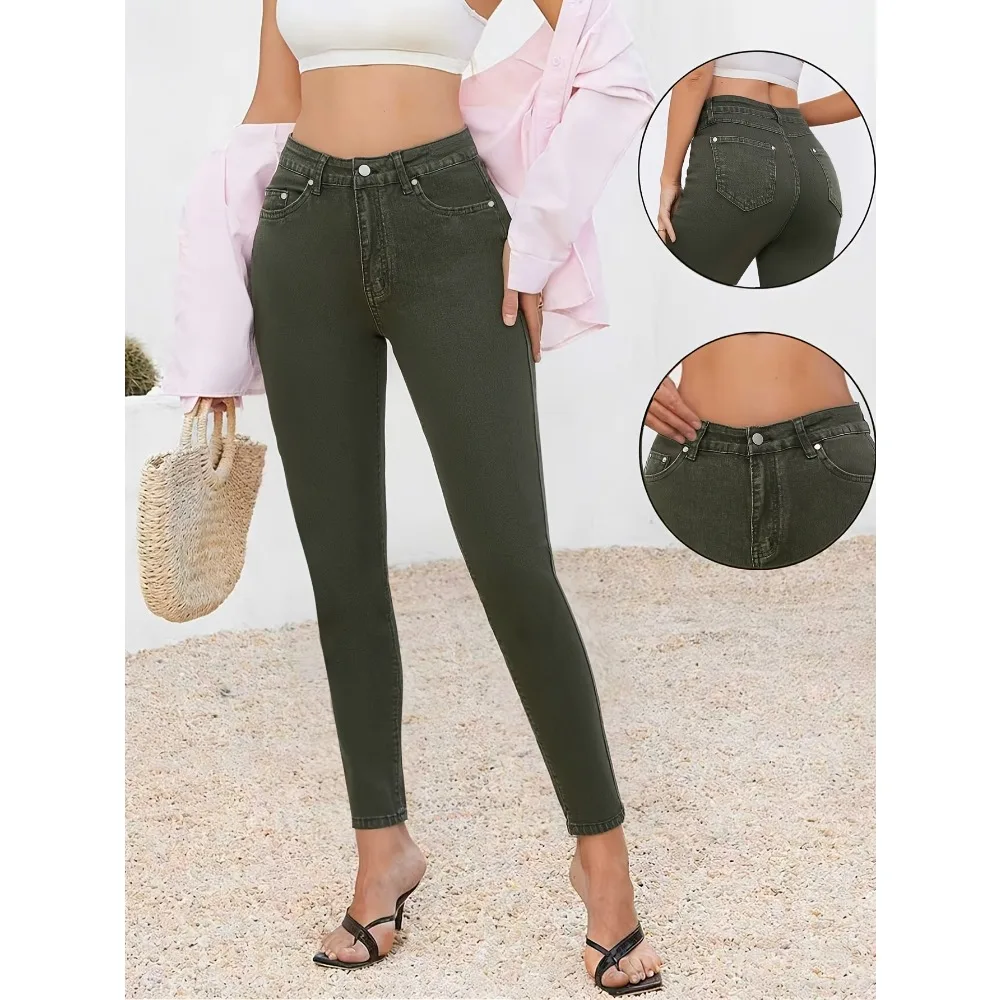 Women's fashion Joker solid color high waist stretch jeans, skinny jeans.