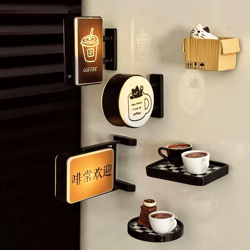 Aimant de réfrigérateur rétro en forme de coin café, modèle miniature, avec attraction magnétique, pour décorer, lumière d'ambiance nocturne et enseigne lumineuse