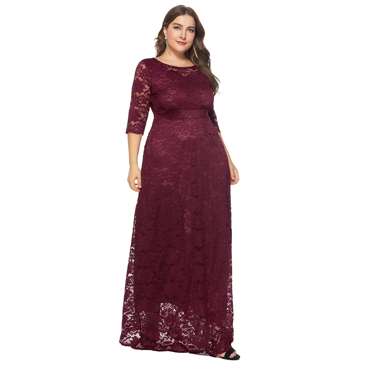 Plus Size Women's New Lace O-Neck Three-quarter Sleeves Pocket Evening Dress Bridesmaid Dinner Plus Size Party Dresses Vestito