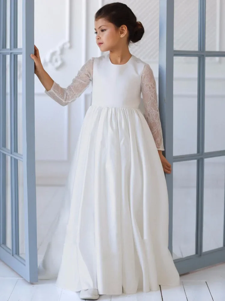 Birthday Evening Banquet Gowns Customized Flower Girl Dresses White Satin Appliques With Bow Long Sleeve For Wedding