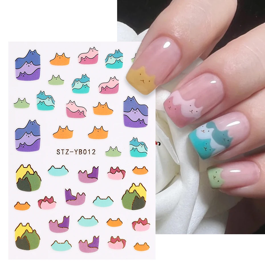 Cute Cats Nails Stickers Morandi Macaron Colors Sliders Cartoon Beans Emoticons Rainbow Painting Summer Manicure Decal STZ-YB012