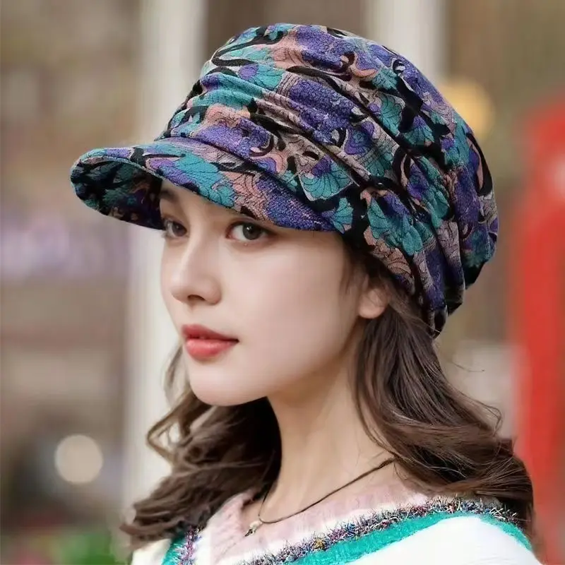 New floral twist hat for girls Korean version versatile soft hat with ethnic style duck tongue hat for autumn and winter warmth