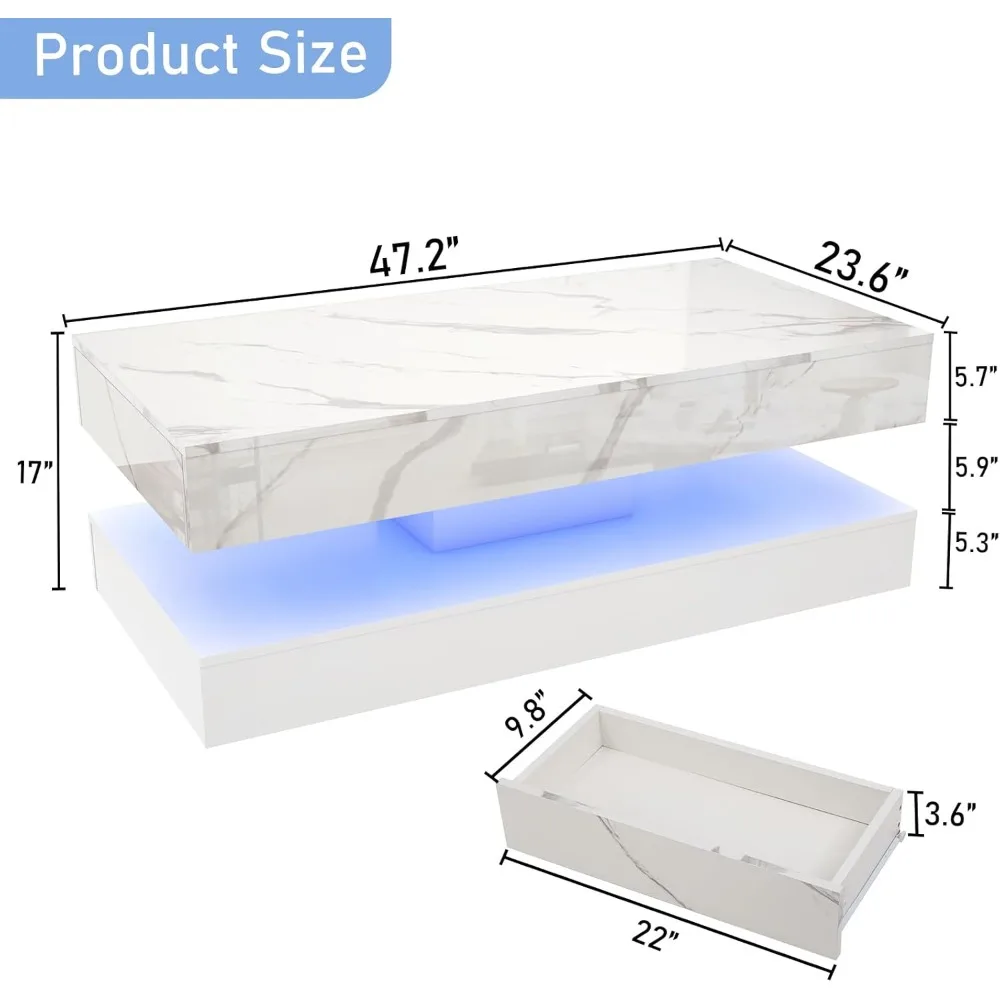 47inch Large High-Glossy LED Coffee Table with 2 Sliding Drawers, Living Room Storage Tables with Marbling Print