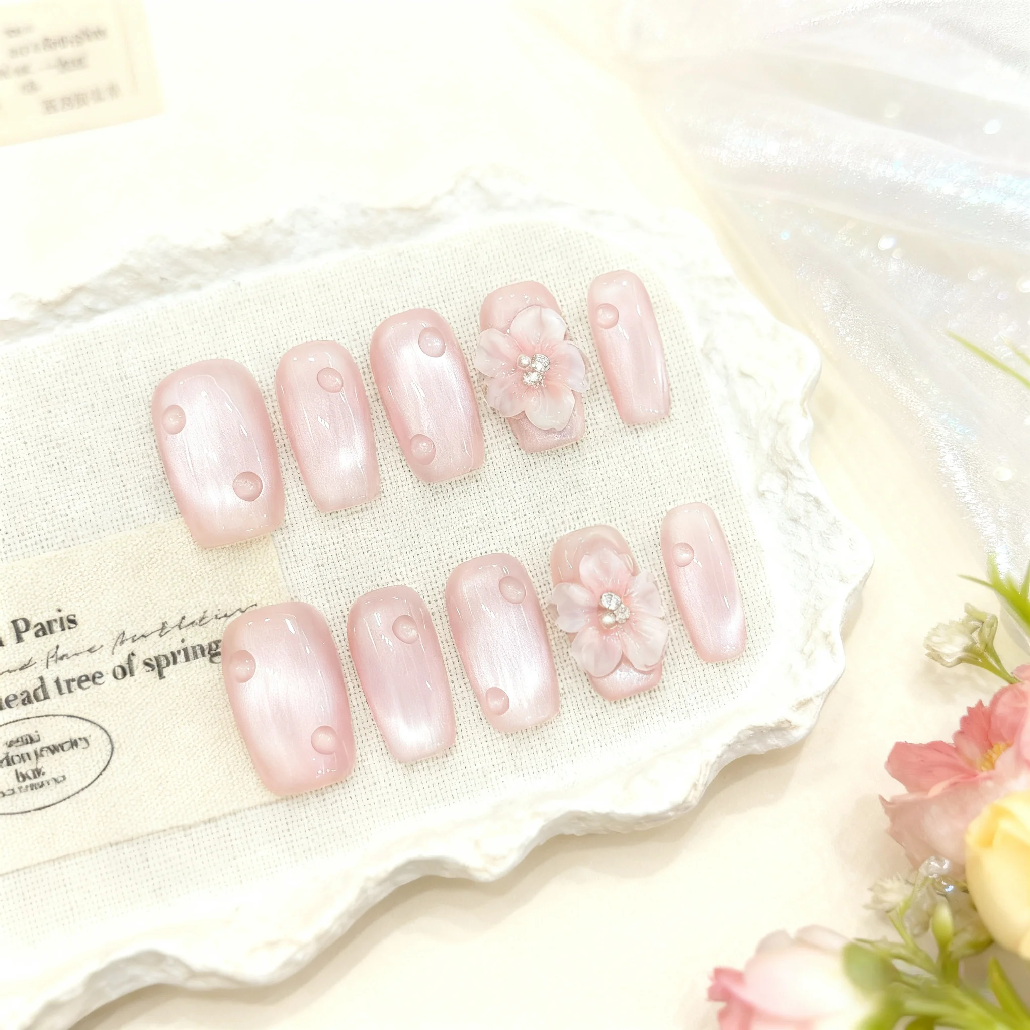 

10pcs Simple Pink Press On Nails Sweet French Style False Nails With Hand Painted 3D Flower Designs Short T Summer Nails Tips