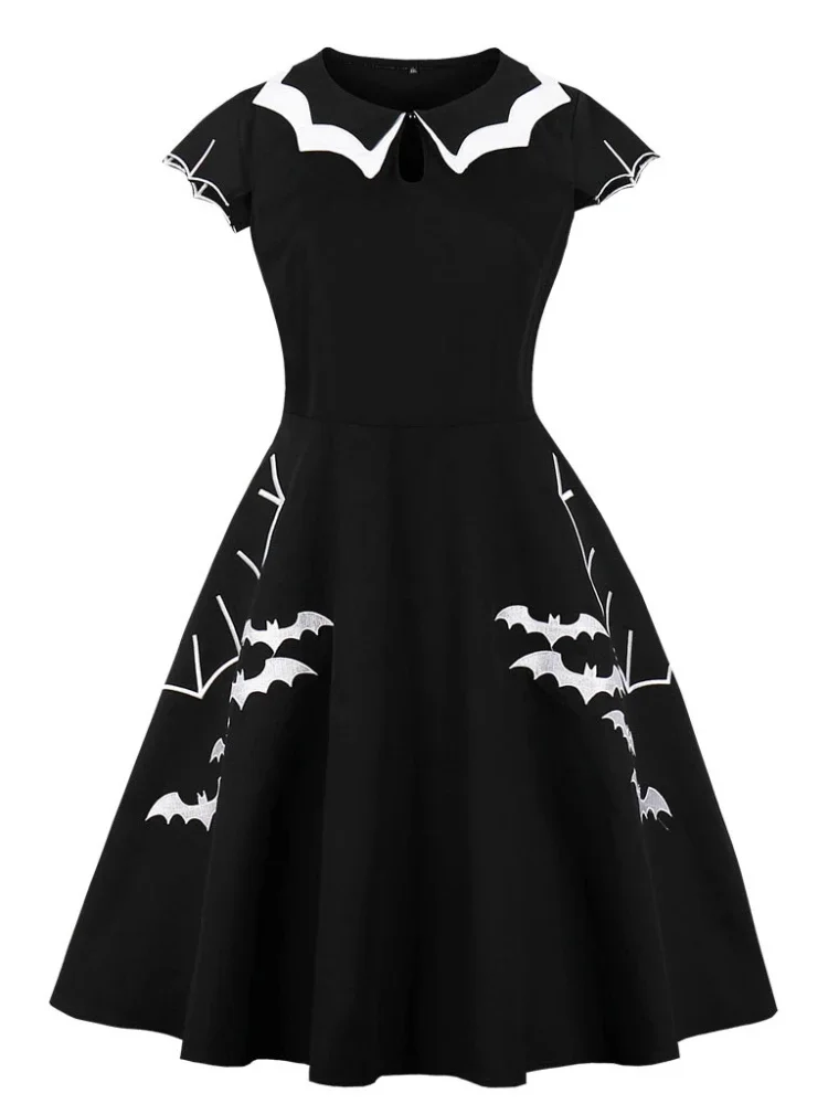 

Vintage Bat Embroidery Halloween Costumes Party Retro Dresses 2025 New Women Cap Sleeve Keyhole Front Cotton Retro A Line Dress