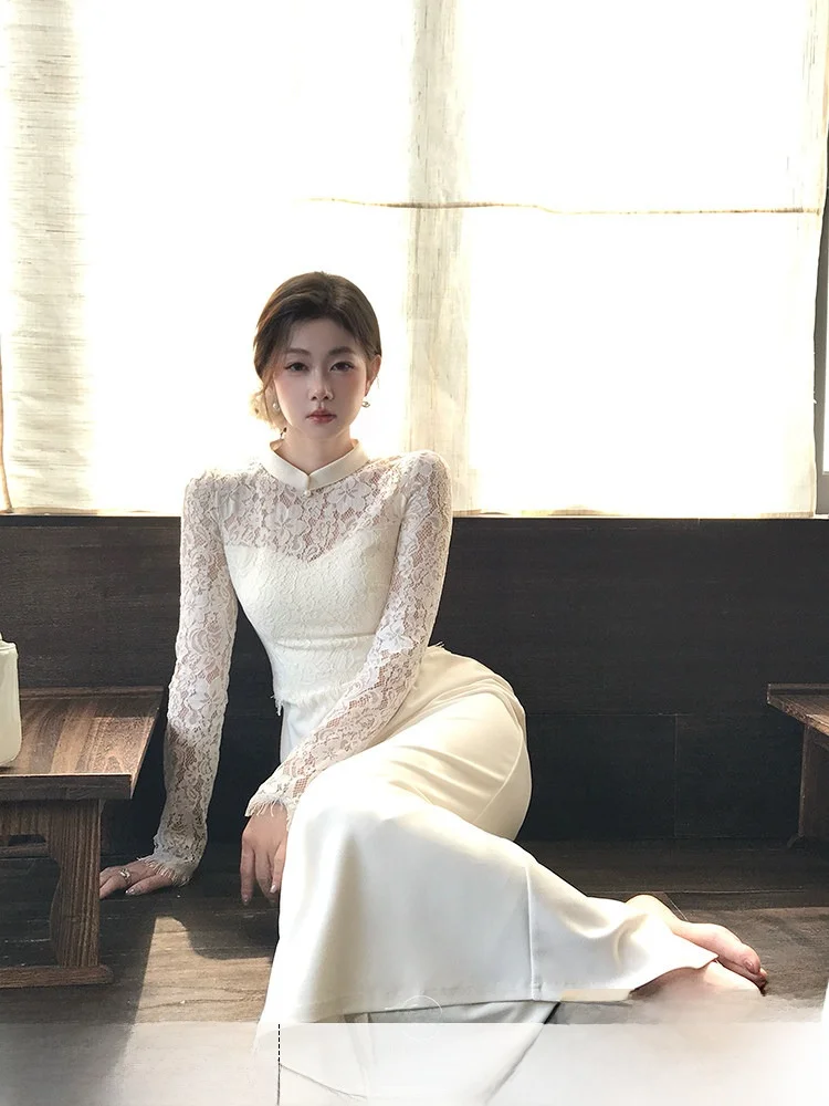 

Ele Long Sve Chinese Sle Dr Women's Winter Faionable Splice Flag Robe Dr Cotton Nylon Blend Material