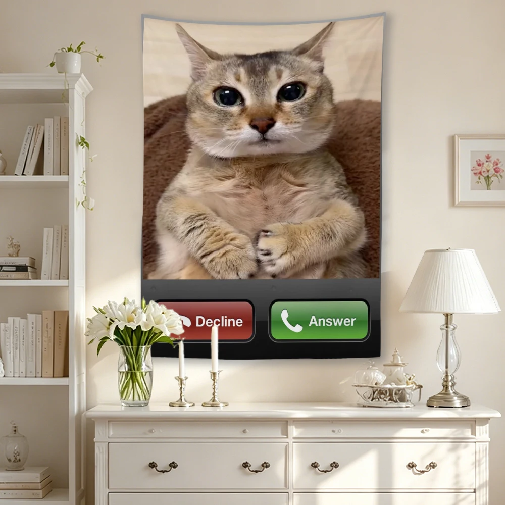 Funny Meme Cat Answer Decline Call Tapestry Aesthetic Wall Hanging Cute Pet Cat Wall Art Home Dorm Room Decor