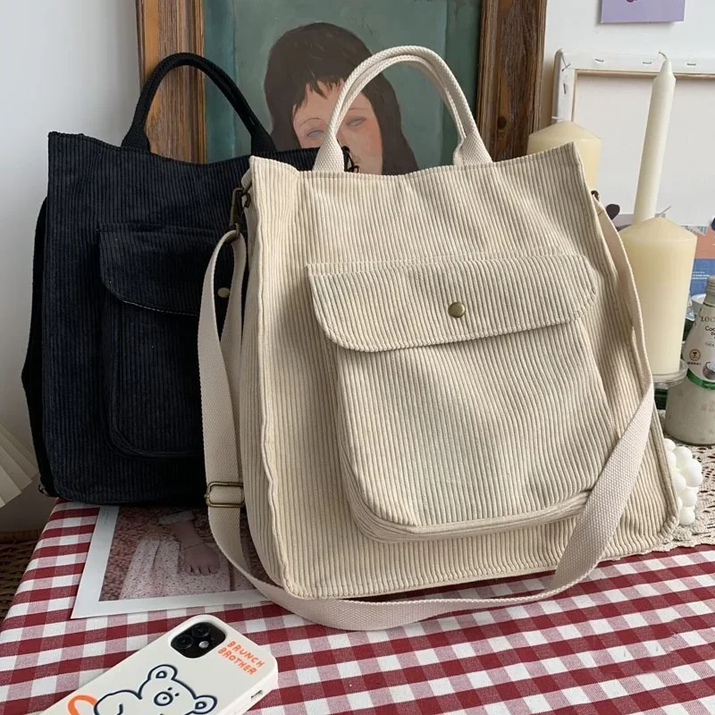 1 Stück Cord-Umhängetasche für Damen, Vintage-Einkaufstaschen, Reißverschluss, für Mädchen, Studenten, Büchertasche, Handtaschen, lässige Tragetasche mit Außentasche – Detail 3