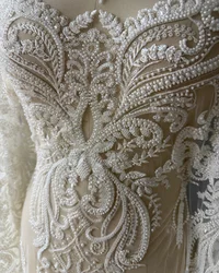 Gorgeous Heavy Beads High Quality Beaded Sequins Pearls white lace fabric embroidered for wedding dresses Sell By  Yard