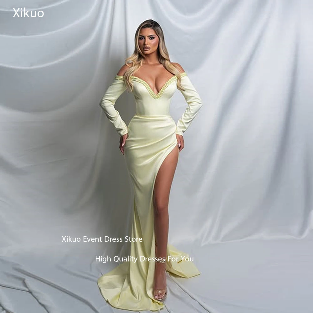 

Xikuo Современное желтое атласное вечернее платье Милая Русалка Robes De Soirée Летнее длинное платье для выпускного вечера с высоким боковым разрезом по индивидуальному заказу