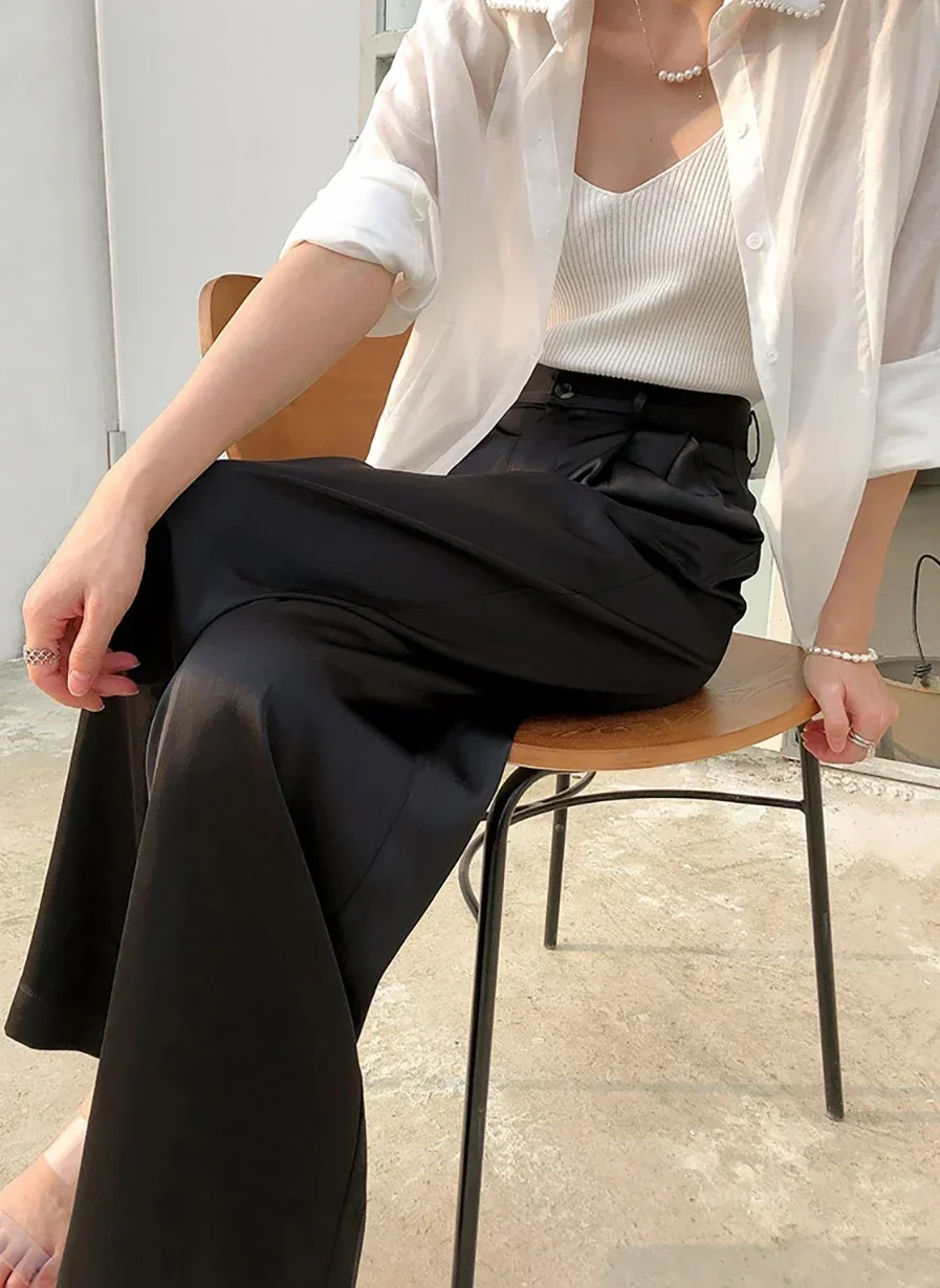 Frühling Sommer Damen High-Waist Weite Hosen Locker Sitzende Klassische Schwarze Seidensatin Freizeithose im Koreanischen Stil Damenbekleidung – Detail 8