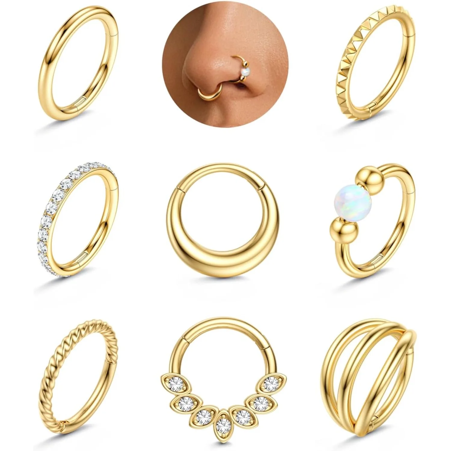 Bobisty 1 Stück Septum Nasenringe Hoops 316L Chirurgenstahl Septum Ring CZ Opal 14K vergoldet Nasenring für Frauen Piercing Schmuck
