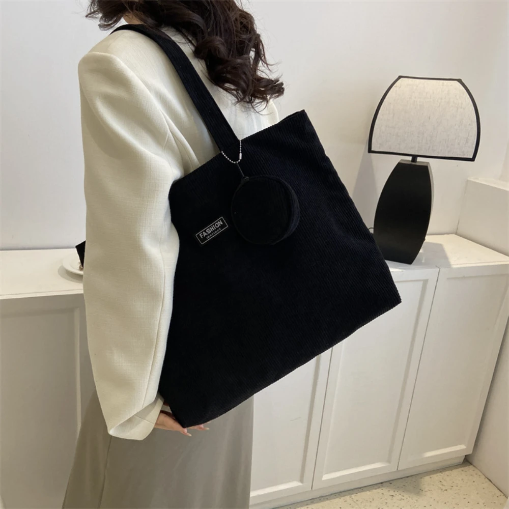 Retro Corduroy Versatile Handbag Women Large Capacity Commute Tote Bag with Coin Purse Casual Handbag Foldable Underarm Bag